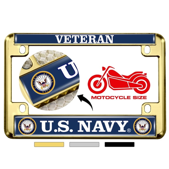 [Officially Licensed Product] - Motorcycle Domed Custom-Made Personalized Metal License Plate Frame with Veteran US Navy Eagle, Anchor Logo Design - Gold