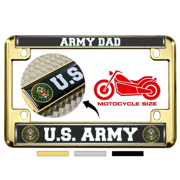 [Officially Licensed Product] - Motorcycle Domed Custom-Made Personalized Metal License Plate Frame with US Army Dad Design - Gold