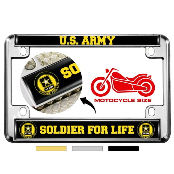 [Officially Licensed Product] - Motorcycle Domed Custom-Made Personalized Metal License Plate Frame with US Army Soldier for Life Design - Chrome