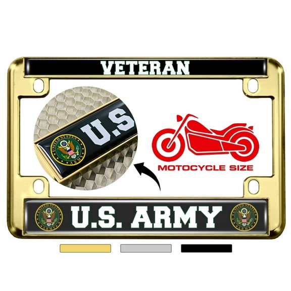 [Officially Licensed Product] - Motorcycle Domed Custom-Made Personalized Metal License Plate Frame with Veteran US Army Design - Gold