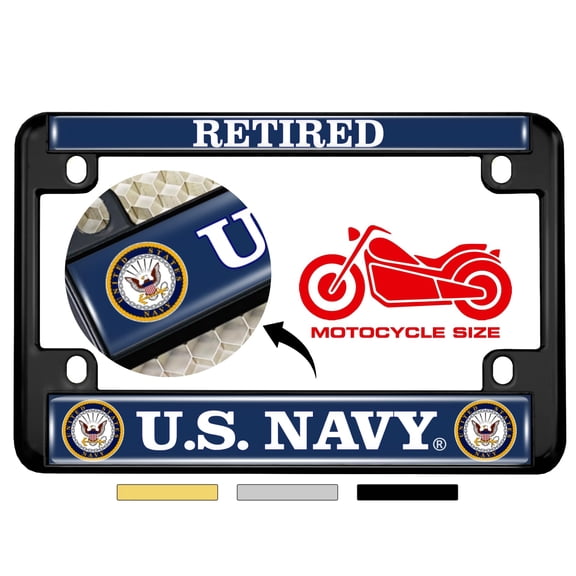 [Officially Licensed Product] - Motorcycle Metal License Plate Frame with U.S. Navy Retired, Eagle and Anchor Logo Design - Black