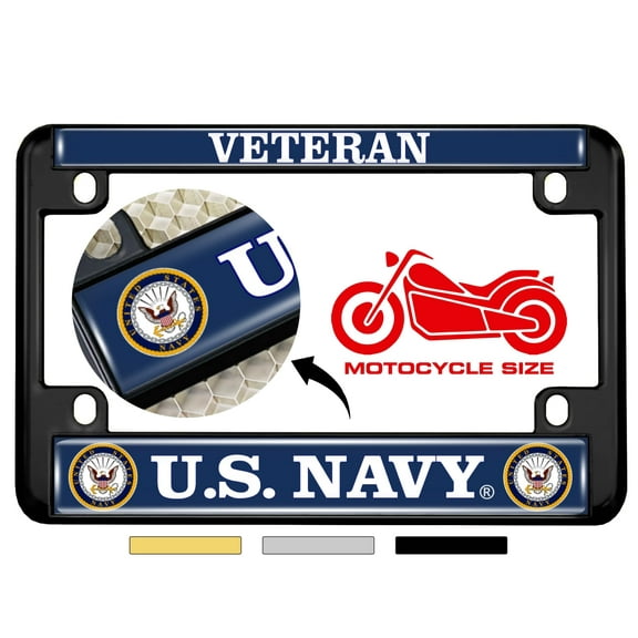[Officially Licensed Product] - Motorcycle Metal License Plate Frame with U.S. Navy Veteran, Eagle and Anchor Logo Design - Black