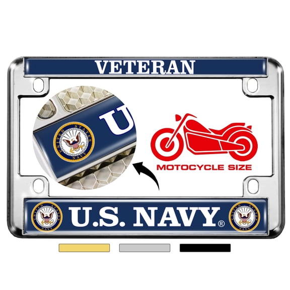 [Officially Licensed Product] - Motorcycle Metal License Plate Frame with U.S. Navy Veteran, Eagle and Anchor Logo Design - Chrome