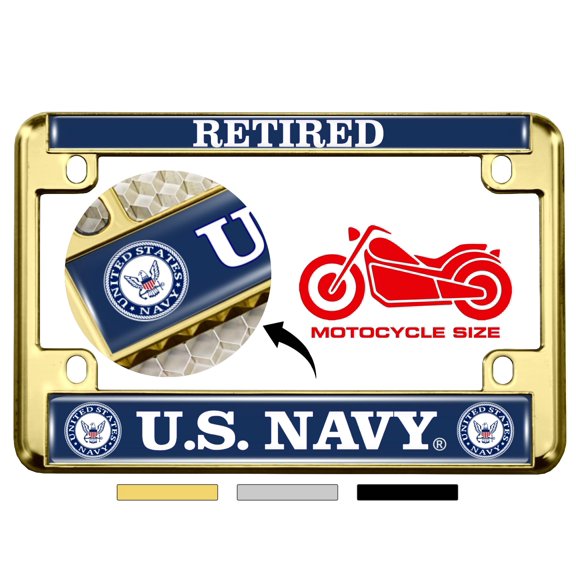 [Officially Licensed Product] - Motorcycle Metal License Plate Frame with United States Navy Retired, Eagle and Anchor Logo Design - Gold
