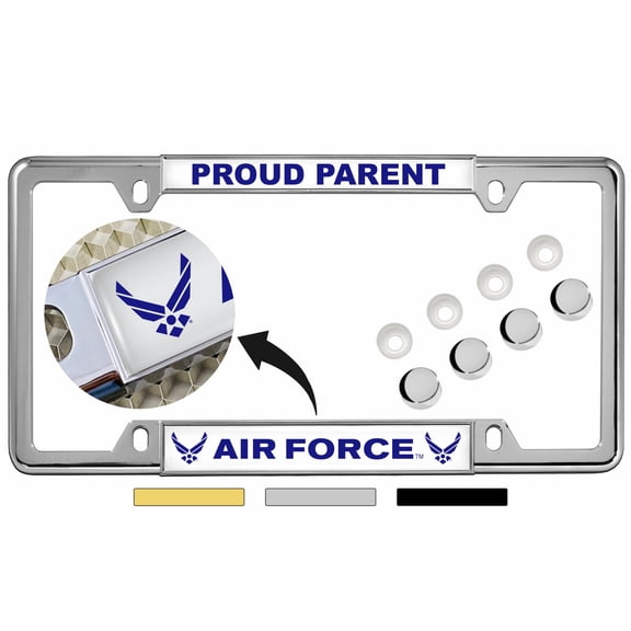 [Officially Licensed Product] - Proud Parent US Air Force with Wings Symbol - Domed Custom-Made Personalized Narrow Thin Top 4 Hole Metal Car License Plate Frame & Free caps - Chrome Frame (Qty: 1)