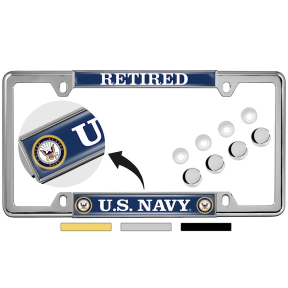 BestLicensePlateFrames Retired U.S. Navy License Plate Frame with Eagle & Anchor Logo, Chrome Metal, 4-Hole Design