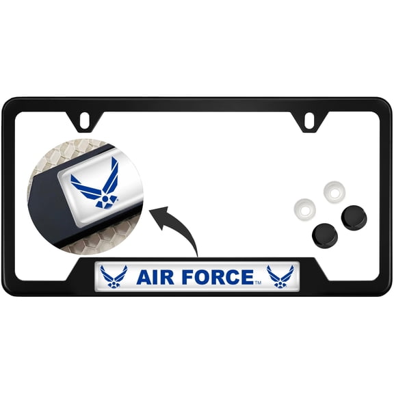 [Officially Licensed Product] - Stainless Steel Matte Black CAR 2-Hole Standard Size - Domed Custom-Made Corrosion-Resistant License Plate Frame with U.S. Air Force Wings & Free caps - (Qty: 1 Frame)