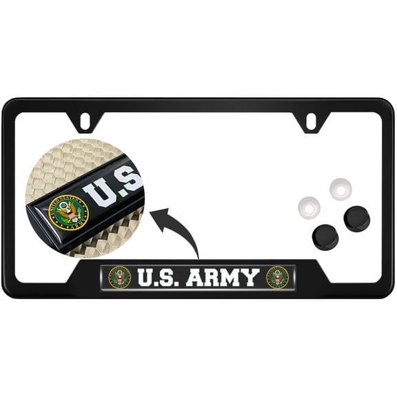 [Officially Licensed Product] - Stainless Steel Matte Black CAR 2-Hole Standard Size - Domed Custom-Made Corrosion-Resistant License Plate Frame with U.S. Army Design and Free caps - (Qty: 1 Frame)