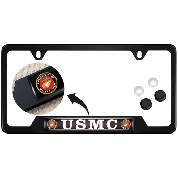 [Officially Licensed Product] - Stainless Steel Matte Black CAR 2-Hole Standard Size - Domed Custom-Made Corrosion-Resistant License Plate Frame with USMC Semper Fidelis Design & Free caps - (Qty: 1)
