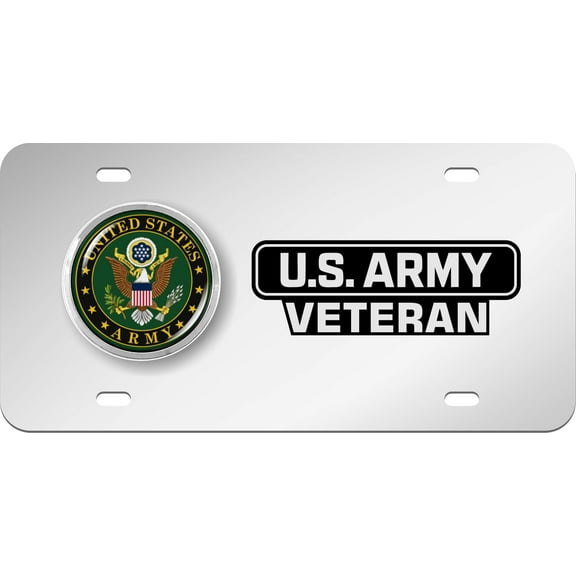 [Officially Licensed Product] - U.S. Army Veteran 4-Hole Patriotic Stainless Steel Metal License Plate with Chrome Emblem – Durable Military Tribute Auto Tag for Veterans & Supporters