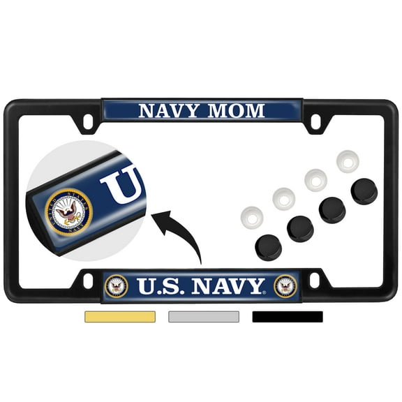 [Officially Licensed Product] - U.S. Navy Mom with Eagle, Anchor Logo - Domed Custom-Made Personalized Narrow (Thin) Top 4 Hole Metal Car License Plate Frame with Free caps - Black (Qty: 1 Frame)
