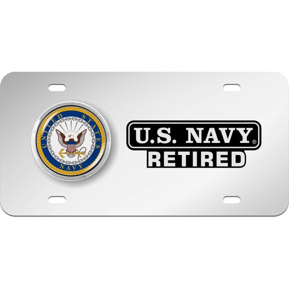 [Officially Licensed Product] - U.S. Navy Retired 4-Hole Patriotic Stainless Steel Metal License Plate with Chrome Emblem – Durable Military Tribute Auto Tag for Veterans & Supporters