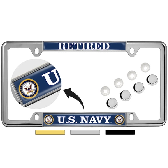 [Officially Licensed Product] - U.S. Navy Retired with Eagle, Anchor Logo - Domed Custom-Made Personalized Narrow (Thin) Top 4 Hole Metal Car License Plate Frame with Free caps - Chrome (Qty:1 Frame)