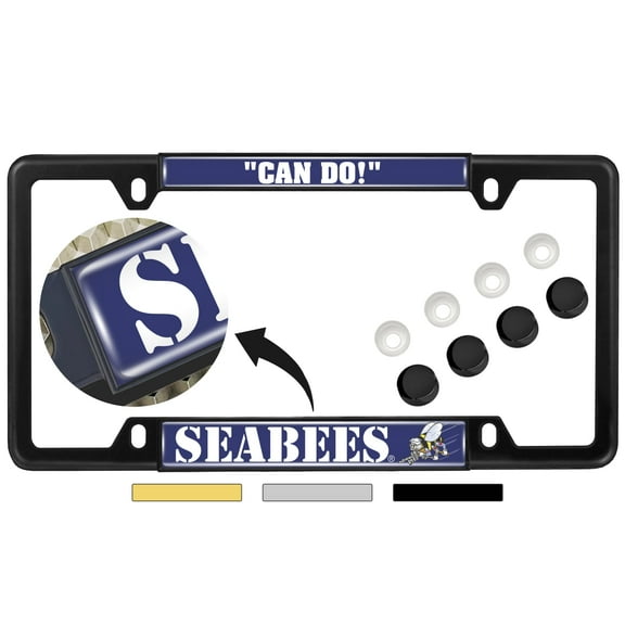 [Officially Licensed Product] - U.S. Navy Seabees - Domed Custom-Made Personalized Narrow (Thin) Top 4 Hole Metal Car License Plate Frame with Free caps - Black (Qty: 1 Frame)
