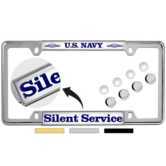 [Officially Licensed Product] - U.S. Navy Silent Service - Domed Custom-Made Personalized Narrow (Thin) Top 4 Hole Metal Car License Plate Frame with Free caps - Chrome (Quantity: 1 Frame)
