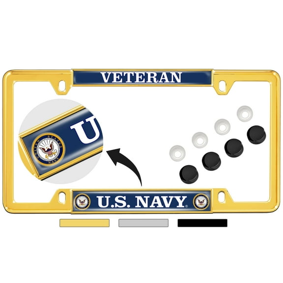 [Officially Licensed Product] - U.S. Navy Veteran with Eagle, Anchor Logo - Domed Custom-Made Personalized Narrow (Thin) Top 4 Hole Metal Car License Plate Frame with Free caps - Gold (Qty:1 Frame)