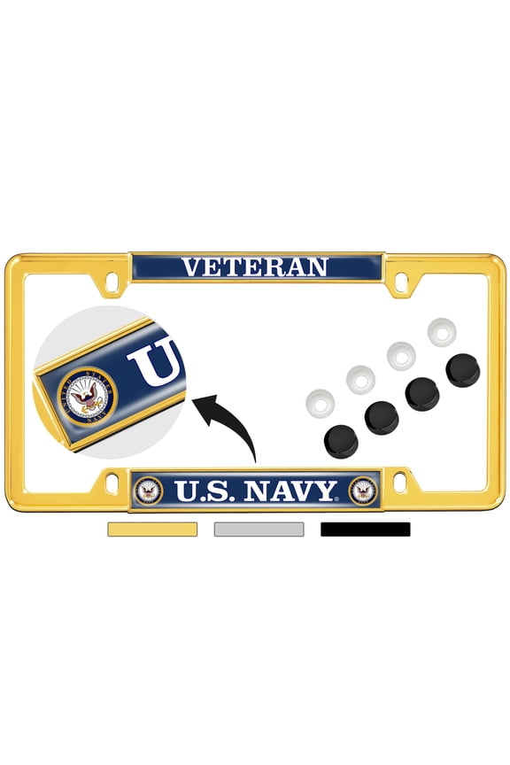 [Officially Licensed Product] - U.S. Navy Veteran with Eagle, Anchor Logo - Domed Custom-Made Personalized Narrow (Thin) Top 4 Hole Metal Car License Plate Frame with Free caps - Gold (Qty:1 Frame)