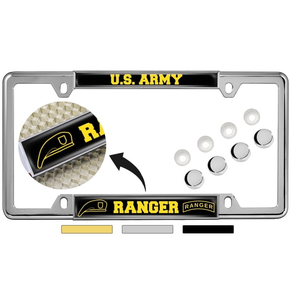 BestLicensePlateFrames US Army Ranger Personalized Thin Top 4-Hole Metal License Plate Frame with Caps, Chrome