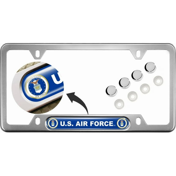 [Officially Licensed Product] - USA Patriotic Anodized Aluminum Thin Top | Narrow Top Car License Plate Frame with United States AIR Force Insert with Free caps - Silver