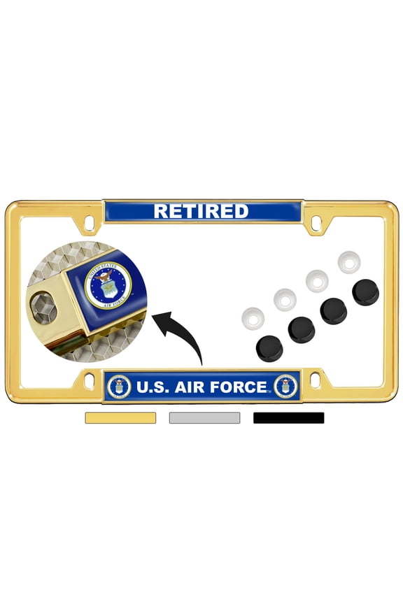 [Officially Licensed Product] - USAF - U.S. Air Force Retired - Domed Custom-Made Personalized Narrow (Thin) Top 4 Hole Metal Car License Plate Frame with Free caps- Gold Frame (Qty: 1)