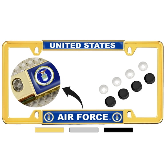 [Officially Licensed Product] - United States Air Force, USAF - Domed Custom-Made Personalized Narrow (Thin) Top 4 Hole Metal Car License Plate Frame with Free caps - Gold (Quantity: 1 Frame)
