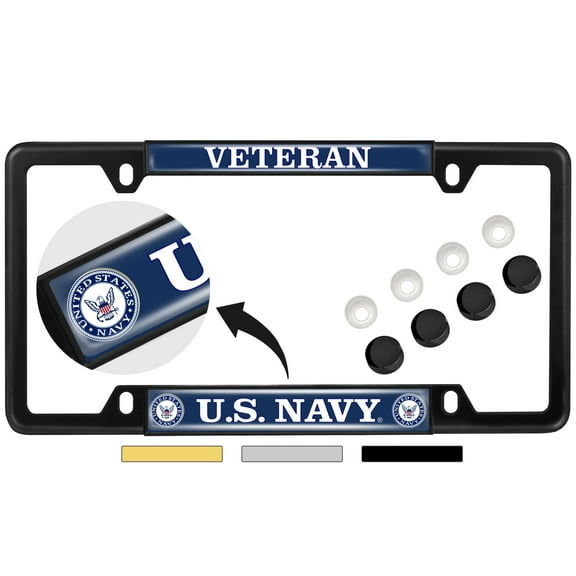[Officially Licensed Product] - Veteran US Navy - Domed Custom-Made Personalized Thin (Narrow) Top 4 Hole Metal Car License Plate Frame with Free caps - Black (Qty: 1 Frame)