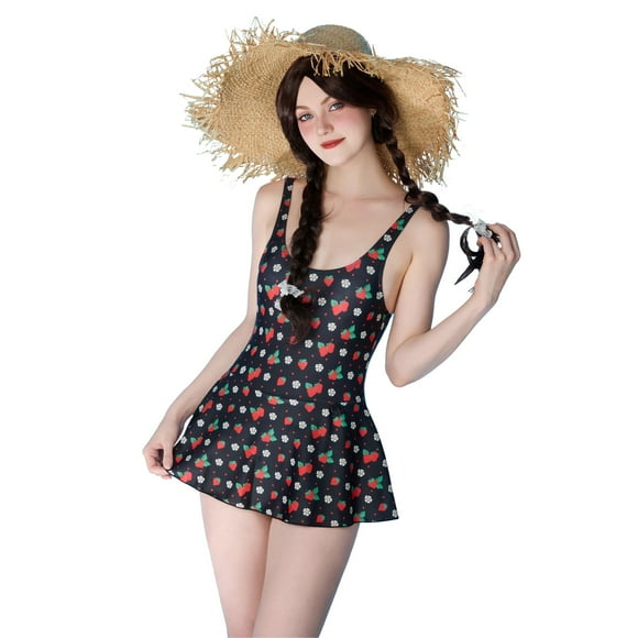 [Officially Licensed] Strawberry Shortcake × Micotaku Swim Dress for Women Tummy Control with Retro Polka Dot, S