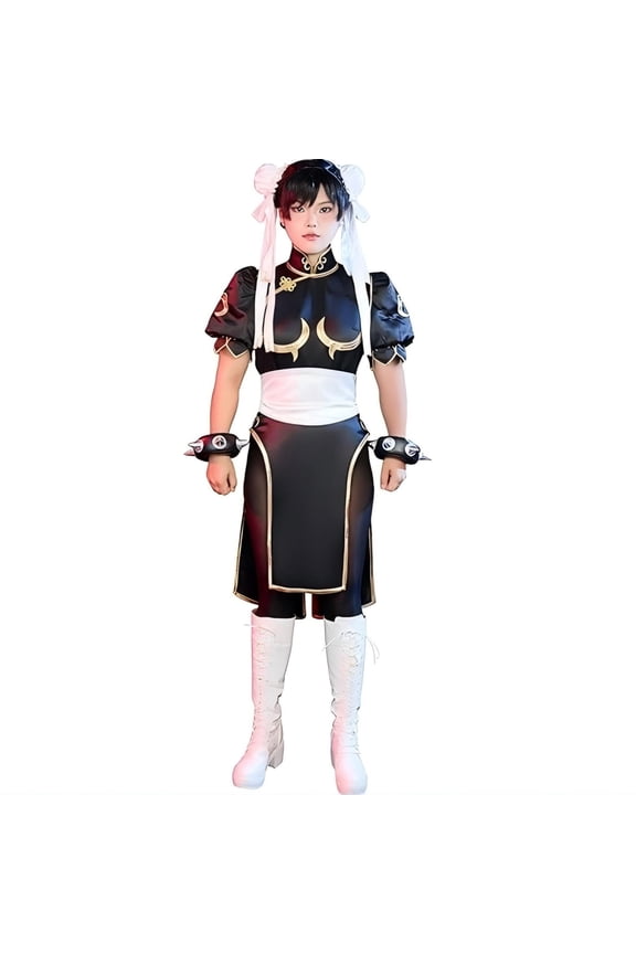 [Officially Licensed] Street Fighter Black Classic Chun Li Costume with Golden Embroidery for Halloween, S