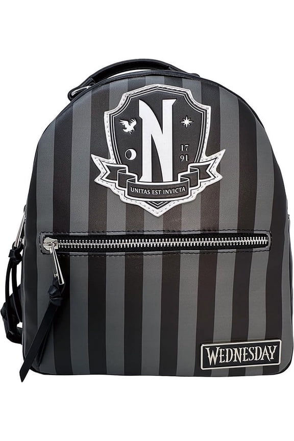 Officially Licensed Wednesday Signature Logo with Black and Gray Striped Mini Backpack, Kawaii Cosplay Youth and Adult Bag, Adjustable shoulder