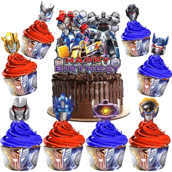 Officially Licensed Transformers Cake Decorations Set - (24) Transformers Cupcake Toppers & Wrappers - (1) Transformers Cake Topper - Transformers Birthday Party Supplies