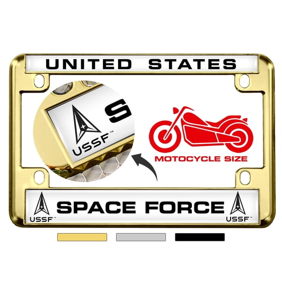 [Officially Licensed U.S. Air Force Product] - Motorcycle Domed Custom-Made Personalized Metal License Plate Frame Frame with United States Space Force Design - Gold, w/b