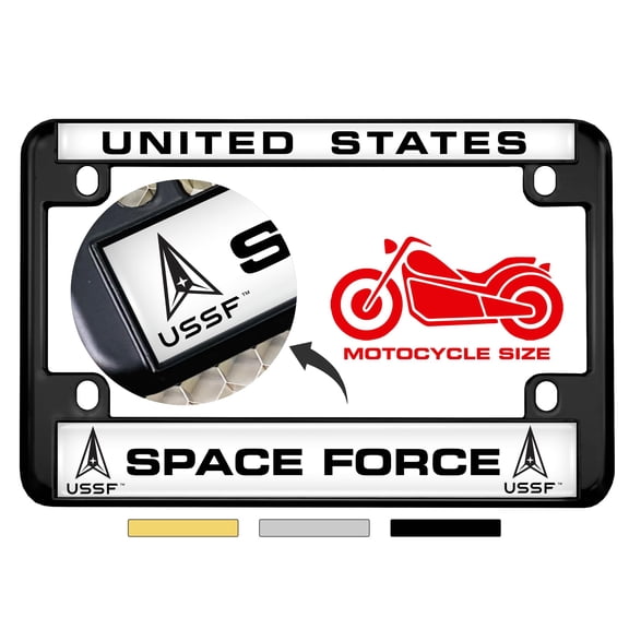 [Officially Licensed U.S. Air Force Product] - Motorcycle Domed Custom-Made Personalized Metal License Plate Frame Frame with United States Space Force Design - Black, w/b