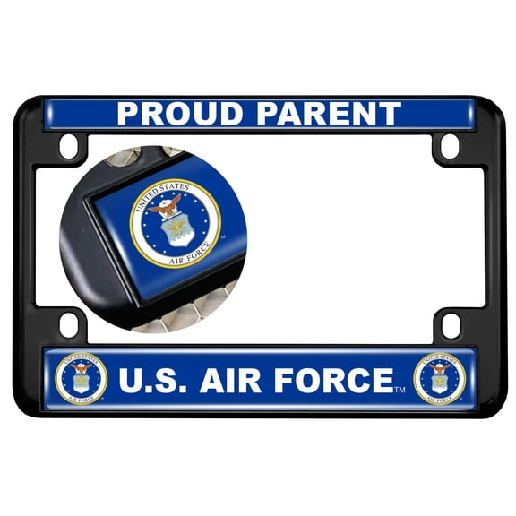 [Officially Licensed U.S. Air Force Product] - Motorcycle Domed Custom-Made Personalized Metal License Plate Frame with U.S. Air Force Proud Parent, USAF Design - Black