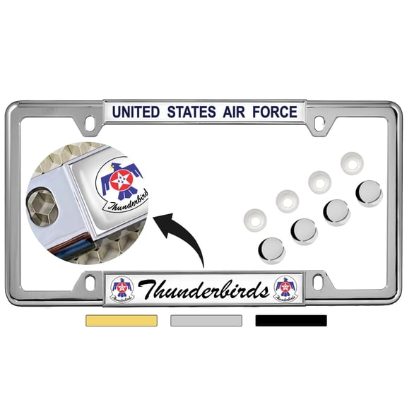 [Officially Licensed U.S. Air Force Product] - USAF Thunderbirds - Domed Custom-Made Personalized Narrow (Thin) Top 4 Hole Metal Car License Plate Frame with Free caps - Chrome (Qty: 1 Frame)