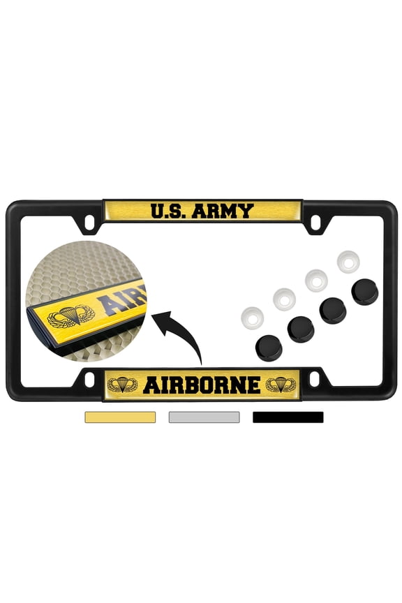 [Officially Licensed Product] - U.S. Army Airborne (Gold & Black Text) - Domed Custom-Made Personalized Narrow (Thin) Top 4 Hole Metal Car License Plate Frame with Free caps - Gold (Qty: 1 Frame)