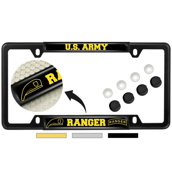 [Officially Licensed Product] - U.S. Army Ranger - Domed Custom-Made Personalized Narrow (Thin) Top 4 Hole Metal Car License Plate Frame with Free caps - Black (Qty: 1 Frame)
