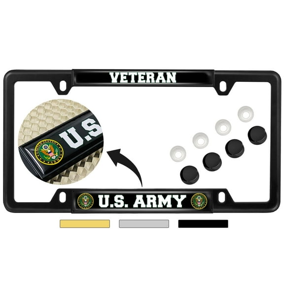 [Officially Licensed Product] - U.S. Army Veteran - Domed Custom-Made Personalized Narrow (Thin) Top 4 Hole Metal Car License Plate Frame with Free caps - Black (Quantity: 1 Frame)