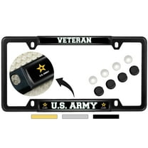 [Officially Licensed Product] - Veteran U.S. Army with Star Logo - Domed Custom-Made Personalized Narrow (Thin) Top 4 Hole Metal Car License Plate Frame with Free caps - Black (Quantity: 1 Frame)