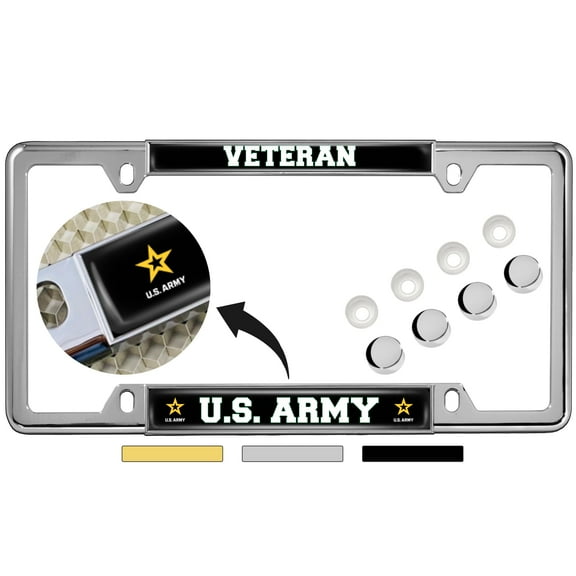 [Officially Licensed Product] - Veteran U.S. Army with Star Logo - Domed Custom-Made Personalized Narrow (Thin) Top 4 Hole Metal Car License Plate Frame with Free caps - Chrome (Quantity: 1 Frame)