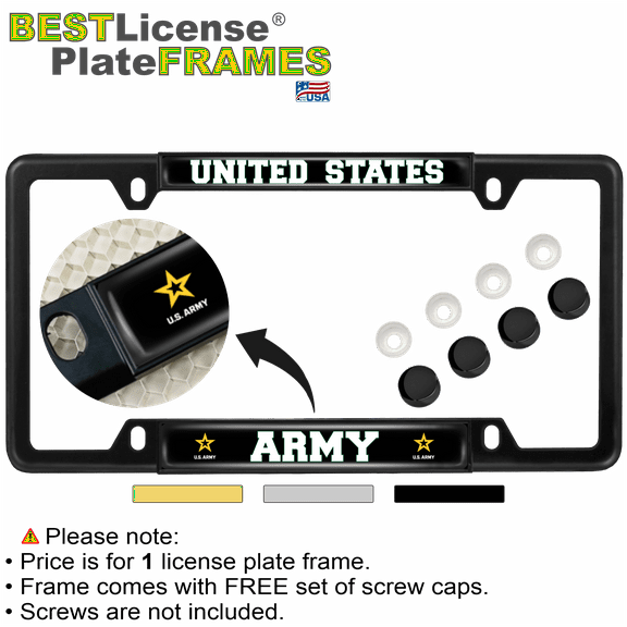 [Officially Licensed U.S. Army Product] - US Army with Star Logo - Custom Domed Personalized Narrow (Thin) Top 4-Hole Metal License Plate Frame with Free Caps - Black (Qty: 1 Frame)
