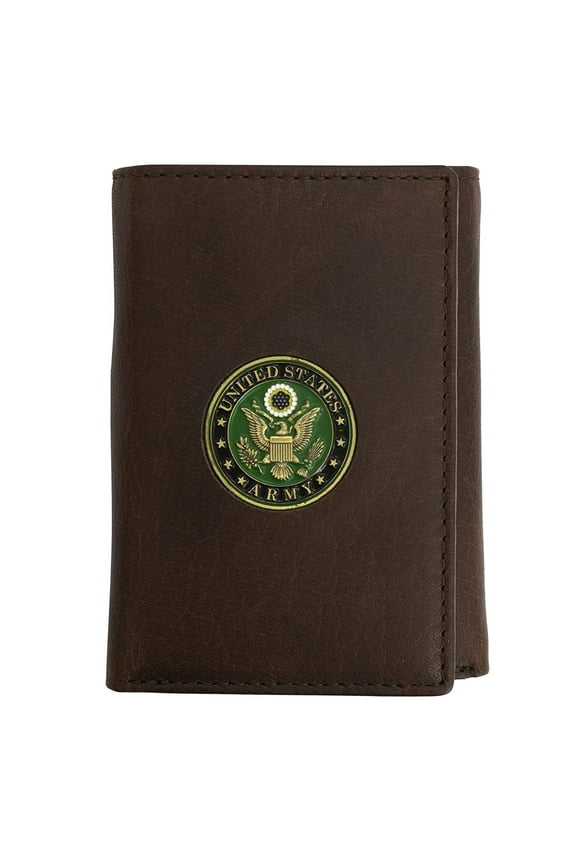 Officially Licensed "US ARMY" Medallion Genuine Leather Classic Handmade Wallet - Trifold Brown