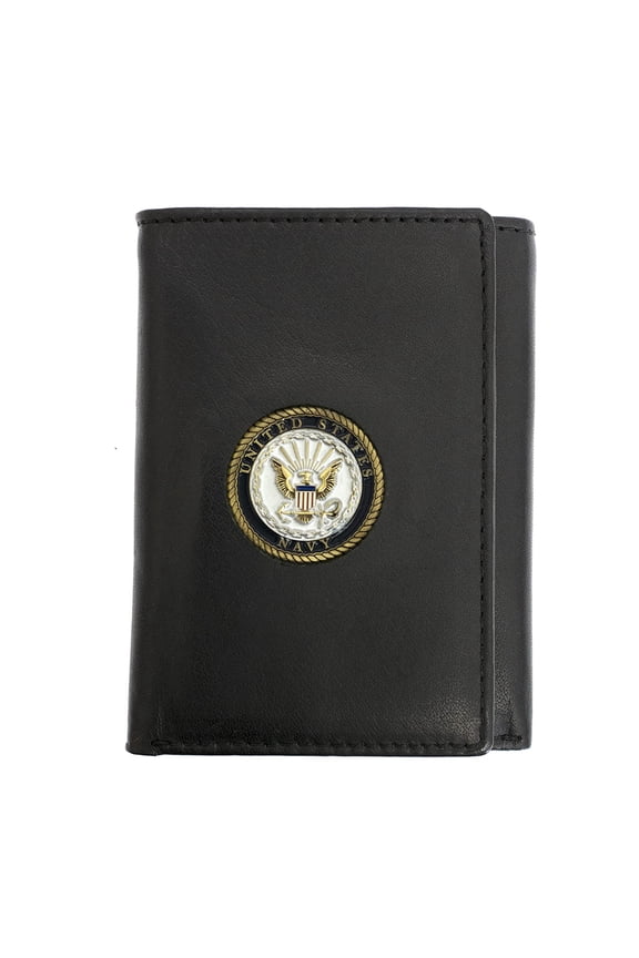 Officially Licensed "US NAVY" Medallion Genuine Leather Classic Handmade Wallet - Trifold Black