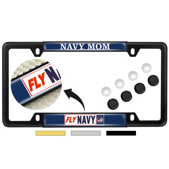[U.S. Navy Officially Licensed Product] - Fly Navy Mom - Domed Custom-Made Personalized Narrow (Thin) Top 4 Hole Metal Car License Plate Frame with Free caps - Black (Qty: 1 Frame)