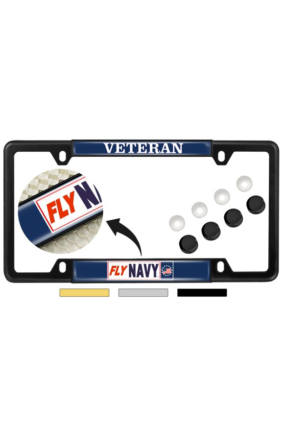 [U.S. Navy Officially Licensed Product] - Fly Navy Veteran - Domed Custom-Made Personalized Narrow (Thin) Top 4 Hole Metal Car License Plate Frame with Free caps - Black (Qty: 1 Frame)