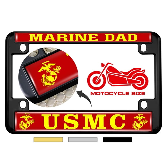 [Officially Licensed USMC Product] - Motorcycle Domed Custom-Made Personalized Metal License Plate Frame Frame with Marine DAD and EGA Emblem Design - Black