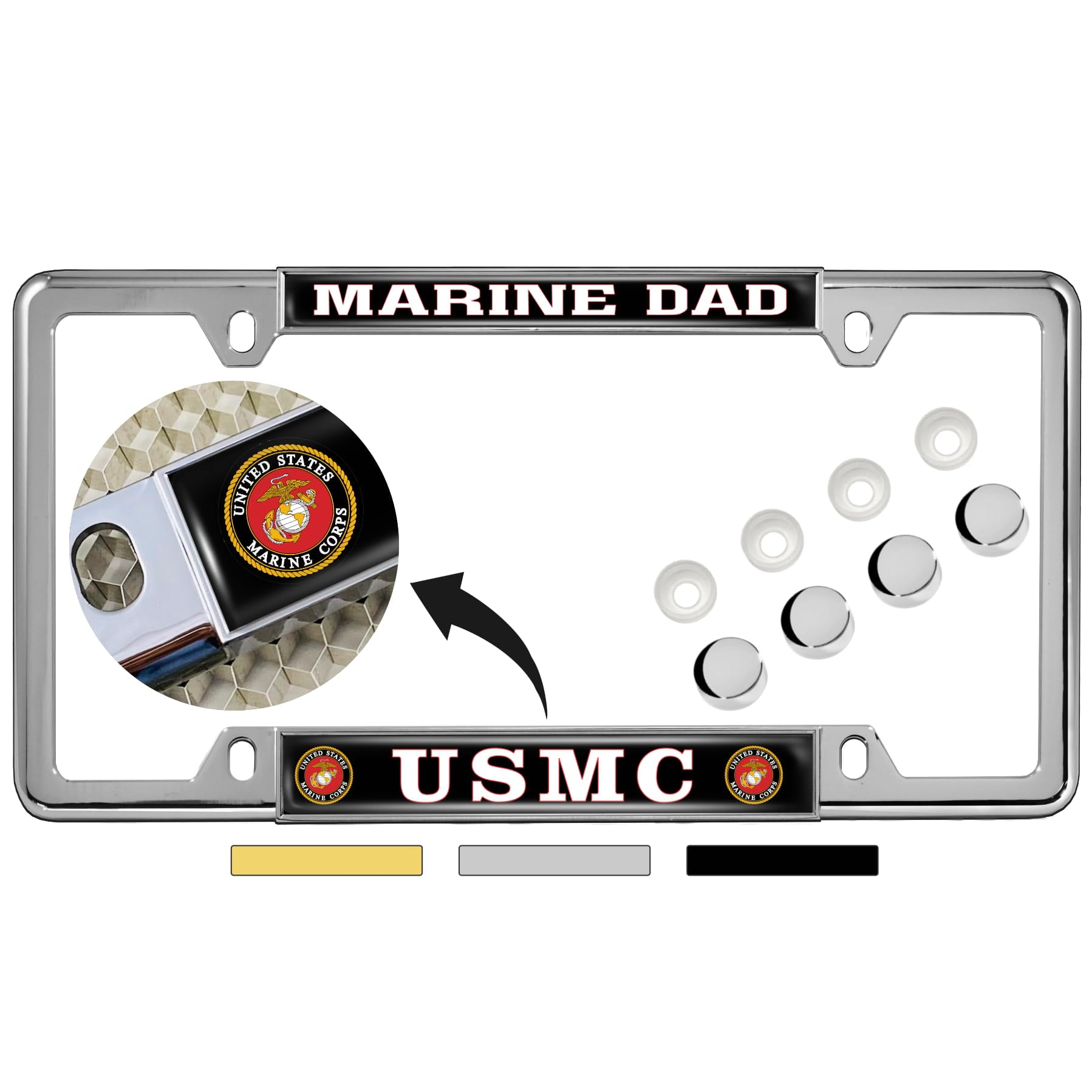 Officially Licensed USMC Semper Fi License Plate Frame - Matte Black Stainless Steel, 2-Hole Standard, With Free Caps