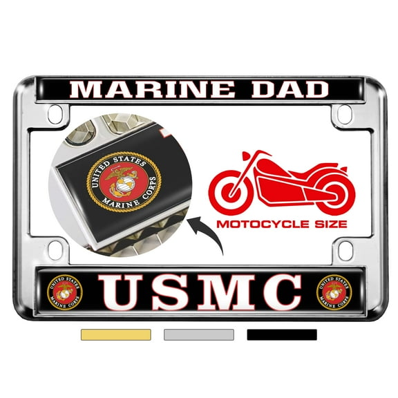 [Officially Licensed USMC Product] - Motorcycle Domed Custom-Made Personalized Metal License Plate Frame Frame with Marine DAD USMC Design Design - Chrome