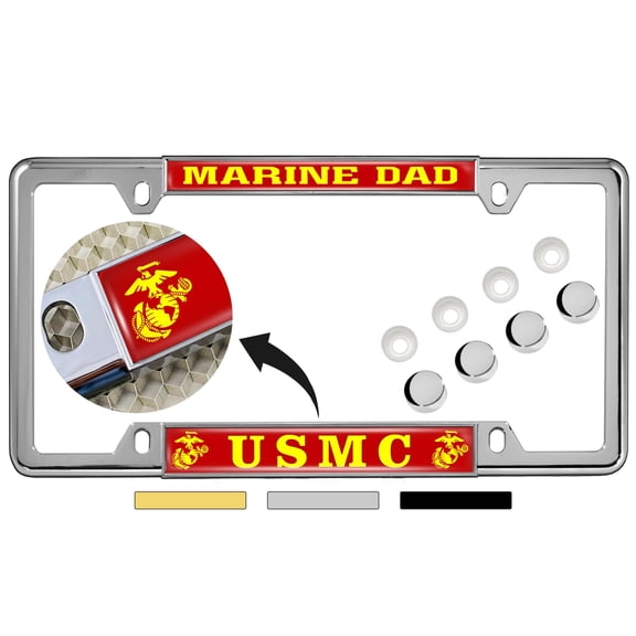 [Officially Licensed US Marine Corps Product] - USMC Marine Dad with EGA Logo - Domed Custom-Made Personalized Thin Top 4 Hole Metal Car License Plate Frame with Free caps - Chrome Frame (Qty: 1)
