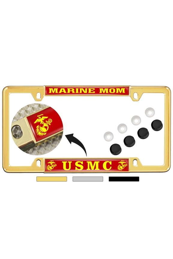 [Officially Licensed US Marine Corps Product] - USMC Marine Mom with EGA Logo - Domed Custom-Made Personalized Thin Top 4 Hole Metal Car License Plate Frame with Free caps - Gold Frame (Qty: 1)