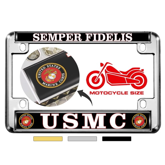 [Officially Licensed USMC Product] - Motorcycle Domed Custom-Made Personalized Metal License Plate Frame Frame - Semper Fidelis United States Marine Corps Design - Chrome